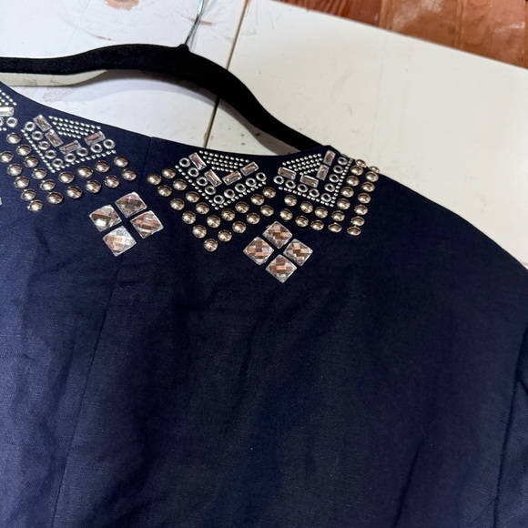 Chico's Embellished Blazer Navy Blue Open Front Linen Blend Size 3 / Large Jewel - Picture 8 of 10